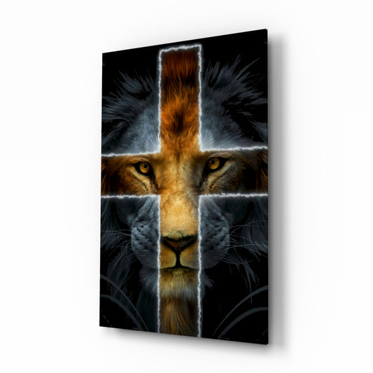 Lion glass wall art in a modern study