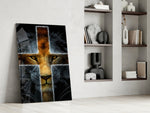 Sacred panel against a moody dark-painted accent wall
