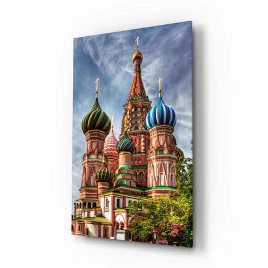 Saint Basil's Cathedral glass wall art in a modern living room