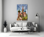 Close-up detail of Moscow onion domes behind glass