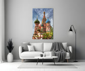 Close-up detail of Moscow onion domes behind glass