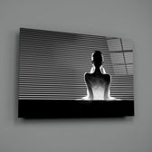 Editorial portrait panel anchoring a master bedroom wall