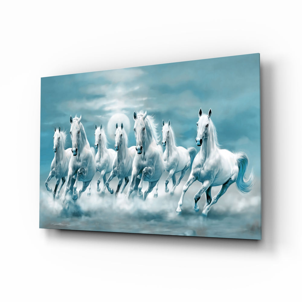 White Horses glass wall art in a modern living room