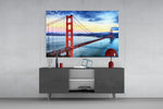 Golden Gate Bridge glass wall art catching light to reveal its painted cumulus