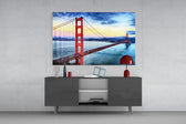 Golden Gate Bridge glass wall art catching light to reveal its painted cumulus