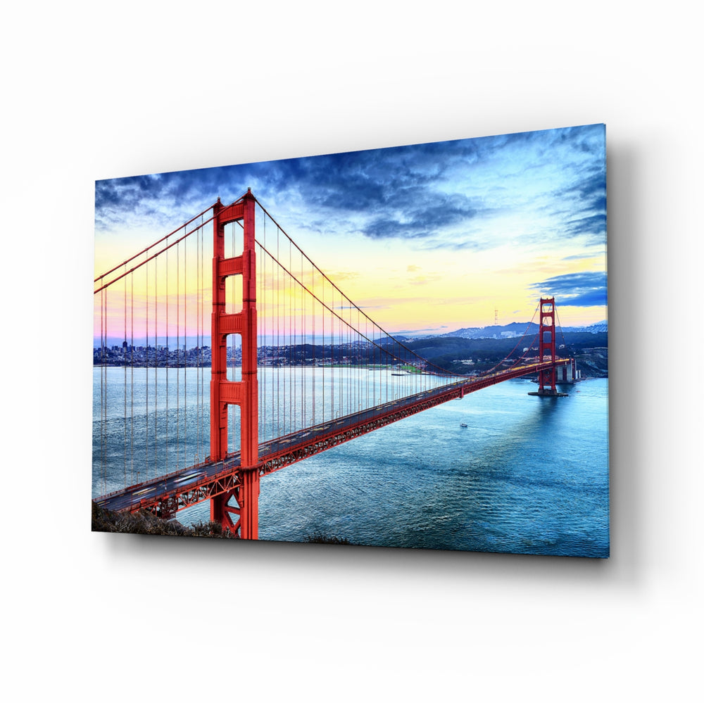 Golden Gate Bridge glass wall art in a modern living room