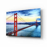 Golden Gate Bridge glass wall art in a modern living room