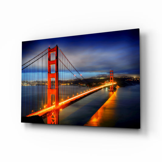 Golden Gate Bridge glass wall art in a modern living room
