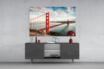 Golden Gate Bridge glass wall art catching light to reveal its painted cumulus