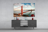Golden Gate Bridge glass wall art catching light to reveal its painted cumulus