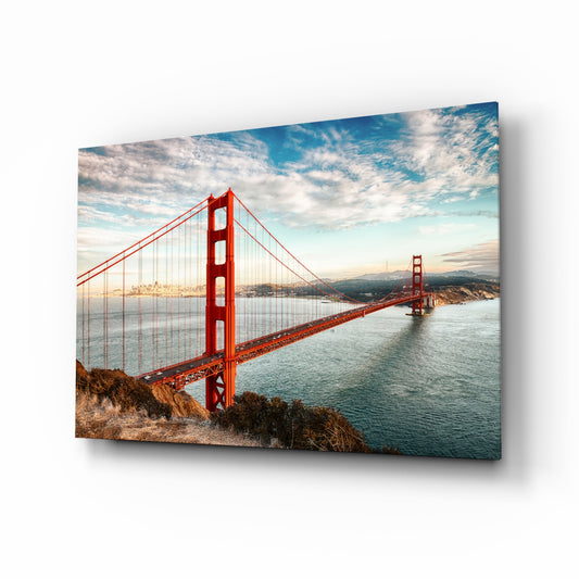 Golden Gate Bridge glass wall art in a modern living room