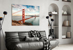 Golden Gate Bridge artwork styled in a master bedroom interior