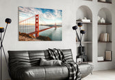 Golden Gate Bridge artwork styled in a master bedroom interior