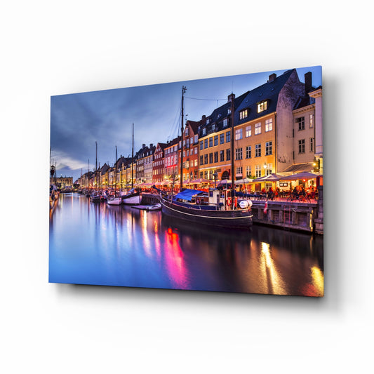 Nyhavn glass wall art in a modern living room