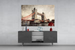 Tower Bridge glass wall art catching light to reveal its painted suspension