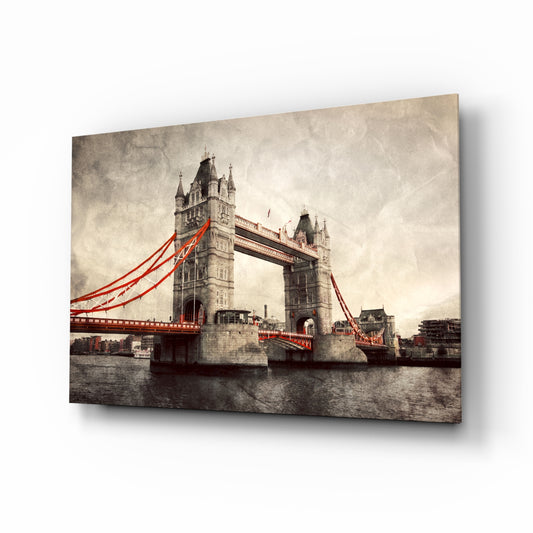 Tower Bridge glass wall art in a modern living room