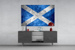 Flag of Scotland glass wall art catching light to reveal its painted grunge