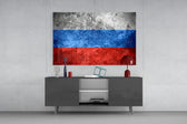 Flag of Russia glass wall art catching light to reveal its painted grunge