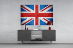 Flag of the United Kingdom glass wall art catching light to reveal its painted crosses