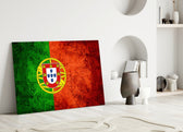 Close-up detail of grunge Portuguese flag behind glass
