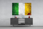 Flag of Ireland glass wall art catching light to reveal its painted grunge