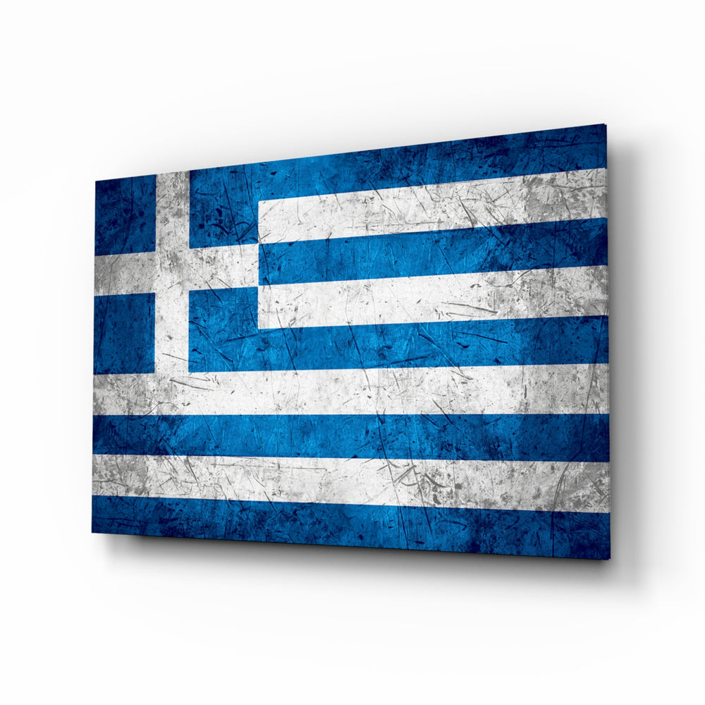 Flag of Greece glass wall art in a modern home office