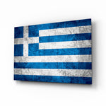Flag of Greece glass wall art in a modern home office
