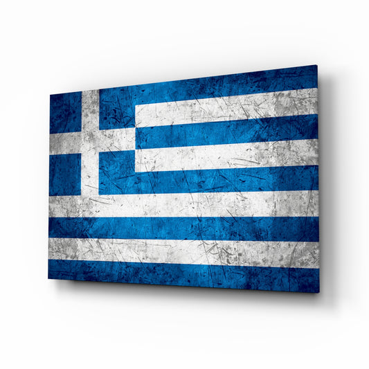 Flag of Greece glass wall art in a modern home office