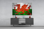 Flag of Wales glass wall art catching light to reveal its painted dragon