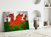 Close-up detail of grunge Welsh dragon behind glass