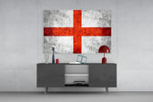 Flag of England glass wall art catching light to reveal its painted cross