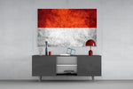 Flag of Indonesia glass wall art catching light to reveal its painted bands