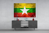Flag of Myanmar glass wall art catching light to reveal its painted star