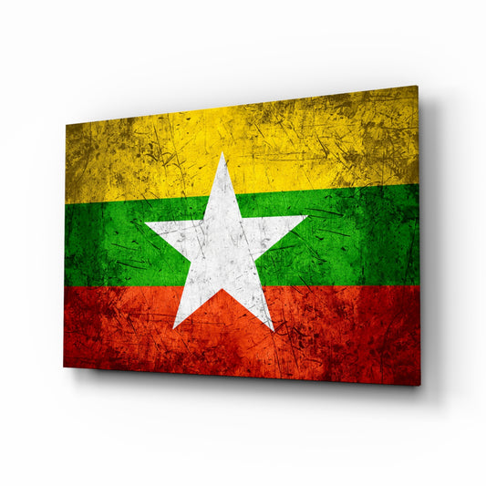 Flag of Myanmar glass wall art in a modern home office