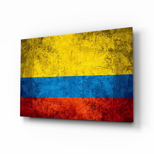 Flag of Colombia glass wall art in a modern home office