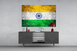Flag of India glass wall art catching light to reveal its painted grunge