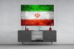 Flag of Iran glass wall art catching light to reveal its painted grunge