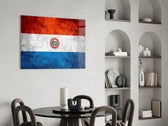 Patriotic glass print bringing Paraguayan edge to a hallway