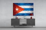 Flag of Cuba glass wall art catching light to reveal its painted grunge