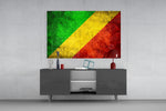 Flag of Republic of the Congo glass wall art catching light to reveal its painted grunge