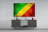 Flag of Republic of the Congo glass wall art catching light to reveal its painted grunge