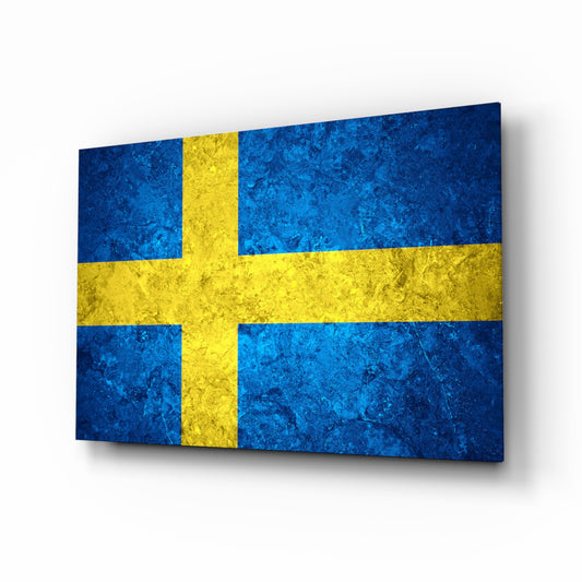 Flag of Sweden glass wall art in a modern home office