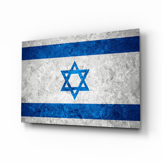 Flag of Israel glass wall art in a modern home office