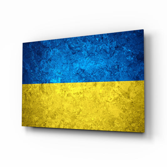 Flag of Ukraine glass wall art in a modern home office