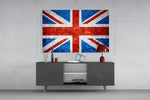 Flag of United Kingdom glass wall art catching light to reveal its painted stone-grunge