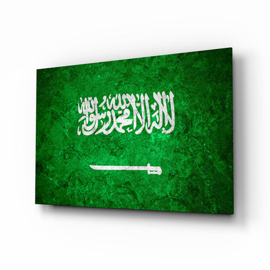 Flag of Saudi Arabia glass wall art in a modern home office