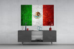 Flag of Mexico glass wall art catching light to reveal its painted stone-grunge