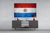 Flag of Paraguay glass wall art catching light to reveal its painted stone-grunge