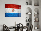 Patriotic glass print bringing Paraguayan edge to a hallway