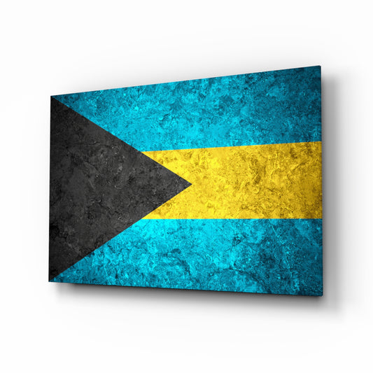 Flag of Bahamas glass wall art in a modern home office